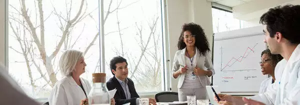 healthcare board team discussing in a meeting room