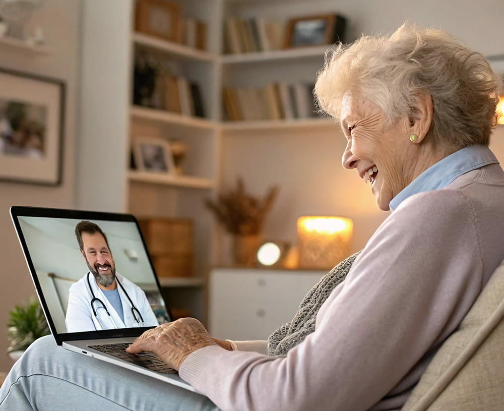 A woman sitting in a chair indoors, using a laptop.